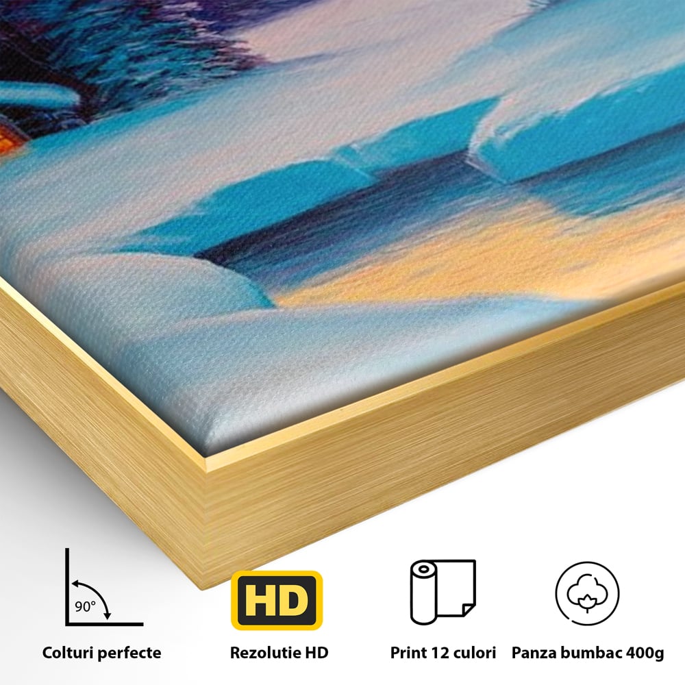 Detaliu al suprafetei: pictura cu cabana inzapezita si parau, in rama de aluminiu auriu
